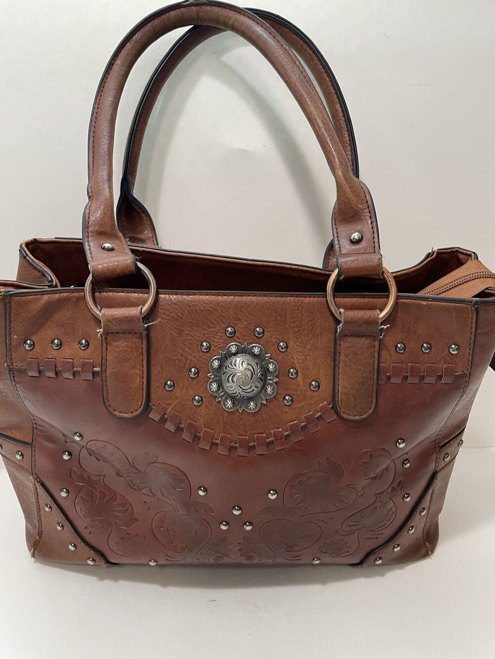 Lavawa Western Tooled Embossed Satchel Handbag Studded Boho Cowgirl READ